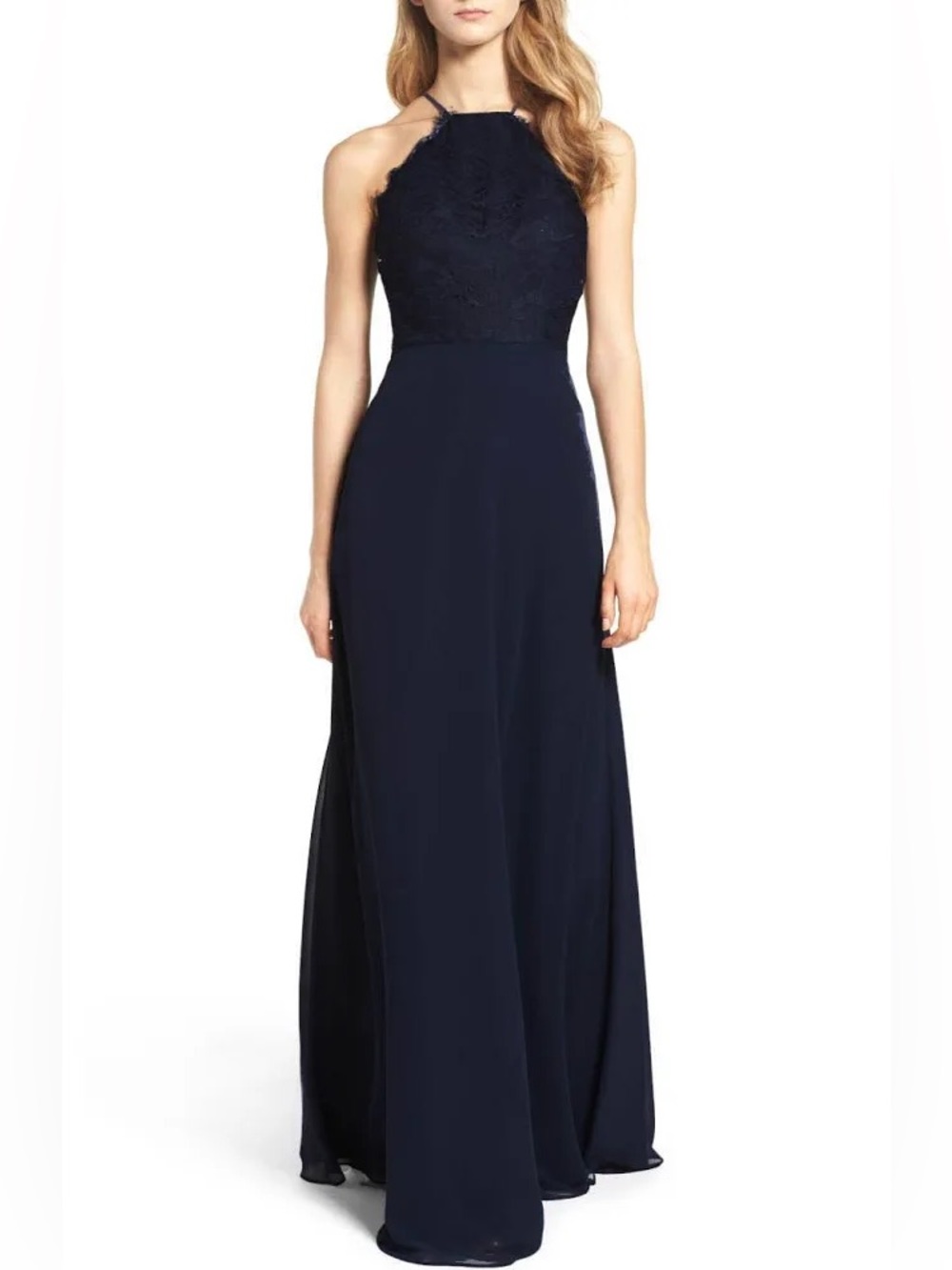 Hayley Paige Occasions Champagne Lace Halter Maxi Gown
